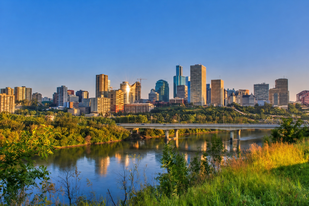 Edmonton skyline at sunrise, seen from river valley.